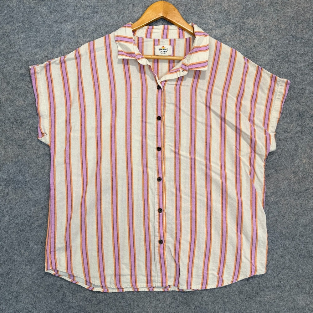 Marine Layer Cream Button-Down Top with Pink and Orange Stripes